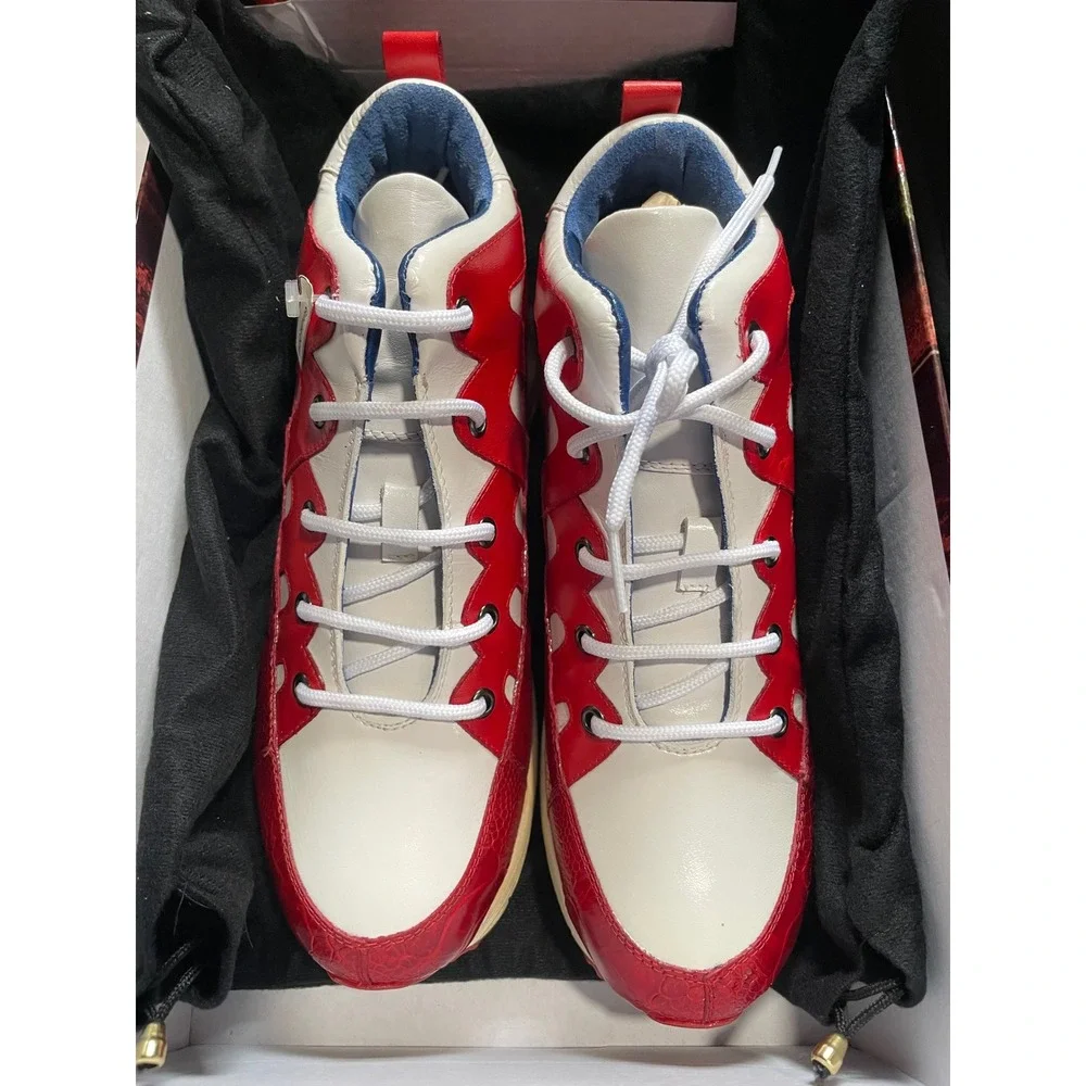 Belvedere Kevin Mens 9 White Red Genuine Ostrich Leg‎ Leather High Top Sneakers